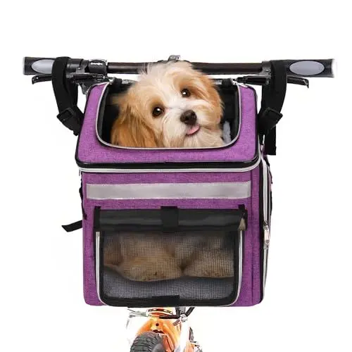 Produktbild: KGMCARE Haustier Fahrradtasche für Hunde Katzen Sturdy Puppy Bike Bag Pet Rucksäcke mit 3 atmungsaktive Mesh-Fenster, erweiterbare Tragetasche für kleine mittlere Hunde Welpen und Katzen (Lila)