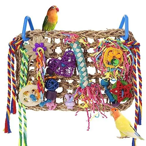 Produktbild: KGMCARE Vogelsuchspielzeug für die Wand, essbares Seegras, gewebte Klettermatte mit Buntem Kauspielzeug für Unzertrennliche, Finken, Sittiche, Wellensittiche, Sittiche, Nymphensittiche (Seegrasmatte)