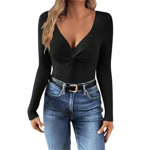 Produktbild: Khaki Pullover Damen Warmer Pullover Damen Winter Damen-Pullover, lässig, modisch, einfarbig, sexy, schmal, V-Ausschnitt, geknotet, Strick-Top Halloween Sweater Damen Pullover Damen (Black, M)