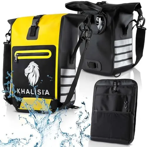 Produktbild: KHALISIA Fahrrad Rucksack Gepäcktasche | wasserdichte Fahrrad-Tasche mit Rucksackfunktion 3 in 1 | inkl. Laptoptasche herausnehmbar| große Reflektoren (schwarz)