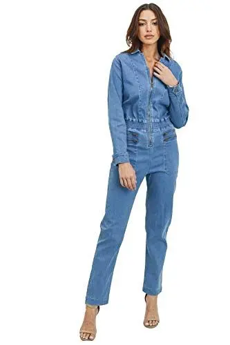 Produktbild: Khanomak Damen Kragen Jeans Denim Fitted Utility-Overall mit Taschen (Mittelblau, L)