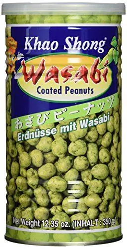 Produktbild: Khao Shong Erdnüsse mit Wasabi, knackige Erdnüsse im scharfen Teigmantel, mittlere Schärfe, knusprige Snacks für unterwegs, (1 x 350 g Dose)