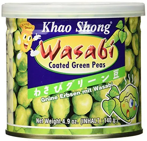 Produktbild: Khao Shong Geröstete grüne Erbsen mit Wasabi, knackige Erbsen im scharfen Teigmantel, fettärmere Alternative zu Nüssen, mittlere Schärfe, 12 x 140 g Dose