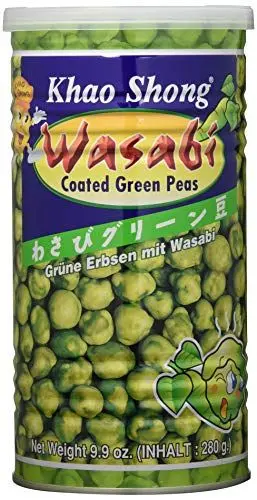 Produktbild: Khao Shong Grüne Erbsen mit Wasabi, knackige Erbsen im scharfen Teigmantel, fettärmere Alternative zu Nüssen, mittlere Schärfe, 1 x 280 g Dose