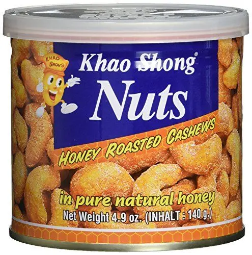 Produktbild: Khao Shong Honey Roasted Cashews, geröstete Cashewkerne mit Honig überbacken, knuspriger Snack für unterwegs, (1 x 140 g Dose)