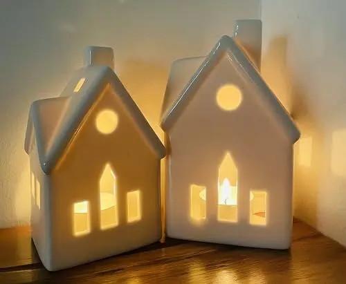 Produktbild: khevga Teelichthalter Weihnachten Windlicht Haus weiß im 2er Set