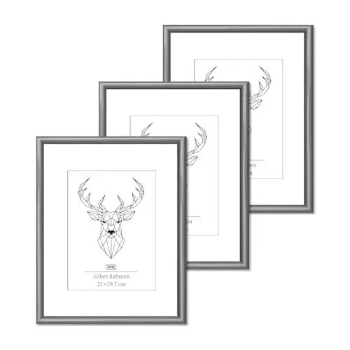Produktbild: KHG 3er Set Bilderrahmen aus Kunststoff DIN A4 mit stabilem Glas und Passepartout, zum Aufhängen oder Hinstellen, Ideal für Portraits, Urkunden, Poster - Silber, 21x29,7 cm