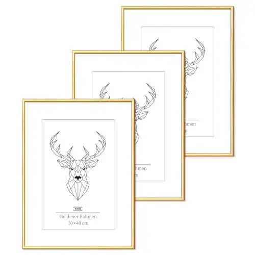 Produktbild: KHG 3er Set Bilderrahmen aus Kunststoff mit stabilem Glas und Passepartout, zum Aufhängen oder Hinstellen, Ideal für Portraits, Urkunden, Poster - gold, 30x40 cm