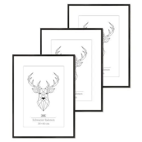 Produktbild: KHG 3er Set Bilderrahmen aus Kunststoff mit stabilem Glas und Passepartout, zum Aufhängen oder Hinstellen, Ideal für Portraits, Urkunden, Poster - schwarz, 30x40 cm