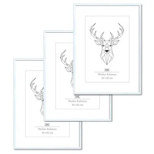 Produktbild: KHG 3er Set Bilderrahmen aus Kunststoff mit stabilem Glas und Passepartout, zum Aufhängen oder Hinstellen, Ideal für Portraits, Urkunden, Poster - weiß, 30x40 cm