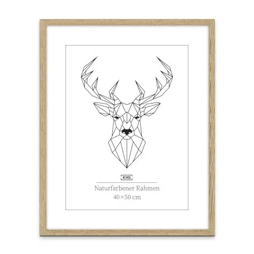 Produktbild: KHG Bilderrahmen aus MDF-Holz mit stabilem Glas und Passepartout, zum Aufhängen oder Hinstellen, Ideal für Portraits, Urkunden, Poster - Eiche, 40x50 cm