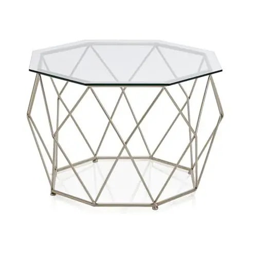 Produktbild: KHG Couchtisch Silber, geometrisches Gestell aus Metall, eckige Glas-Tischplatte transparent, extravaganter Sofatisch fürs Wohnzimmer, 25 kg belastbar, 72x71x47 cm
