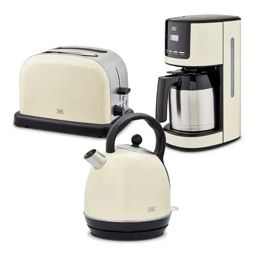 Produktbild: KHG Frühstücksset 3-teilig Kessel-Wasserkocher, Toaster & Thermo-Kaffeemaschine, Creme Beige Retro American Diner, Kapazität 1,7 Liter, 2 Toastscheiben, 12 Tassen Kaffee, 6 Röststufen, LCD-Anzeige