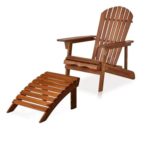 Produktbild: KHG Gartensessel mit Armlehnen inkl. Hocker aus 100% Eukalyptus-Echtholz, wetterfest, offene Rückenlehne aus Massivholz, Outdoor Lounge 120kg belastbar - Braun