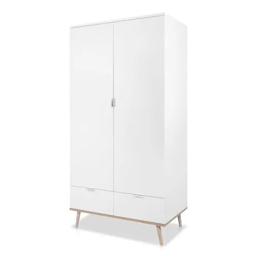 Produktbild: KHG Kleiderschrank 2-türig mit 2 Schubladen Scandi, Schrank aus Holzwerkstoff weiß foliert für Schlafzimmer, inkl. Kleiderstange 90 x 180 x 55 cm (B/H/T)