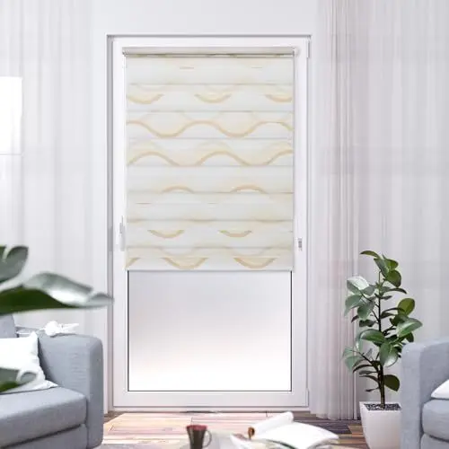 Produktbild: K-Home Klemmfix Doppelrollo Madrid ohne Bohren Bedruckt Welle Beige 80 x 150 cm (B x L)