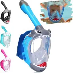Produktbild: Khroom CO2 sichere Schnorchelmaske für Kinder ab 3 Jahren | geprüft* durch TÜV Rheinland | Vollgesichtsmaske zum Schnorcheln - Seaview Haifisch | Vollmaske Taucherbrille Tauchermaske (Hai Blau)