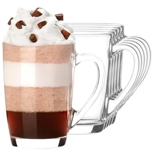 Produktbild: KIAPPO Kaffeegläser Set 350 ml - 6 Stück - Tee, Cocktail, Trink und Latte Macchiato-Gläser - Hochgläser Mit Henkel - 80 x 80 x 110 mm