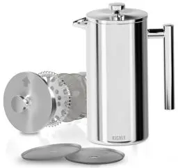 Produktbild: KICHLY French Press Kaffeebereiter 20 Oz - 600 ml (3 Tassen) - Kaffeemaschine mit dreifachem Edelstahlfilter & isolierten Wänden - Silber