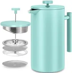 Produktbild: KICHLY French Press Kaffeebereiter 34 Oz - 1000 ml (4 Kaffeebecher / 8 Kaffeetassen) - Kaffeemaschine mit dreifachem Edelstahlfilter & isolierten Wänden - Himmelblau