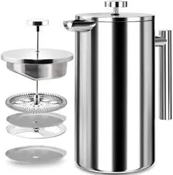 Produktbild: KICHLY French Press Kaffeebereiter 34 Oz - 1000 ml (4 Kaffeebecher / 8 Kaffeetassen) - Kaffeemaschine mit dreifachem Edelstahlfilter & isolierten Wänden - Silber