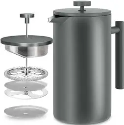Produktbild: KICHLY French Press Kaffeebereiter 34 Oz - 1000 ml (4 Kaffeebecher / 8 Kaffeetassen) - Kaffeemaschine mit dreifachem Edelstahlfilter & isolierten Wänden - Grau