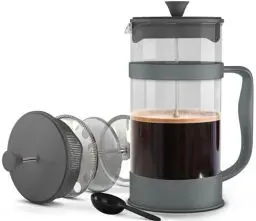 Produktbild: KICHLY French Press Kaffeemaschine, Espresso- und Teebereiter mit Dreifachfiltern, hitzebeständiges Borosilikatglas mit Stahlkolben (1000 ml, Grau)