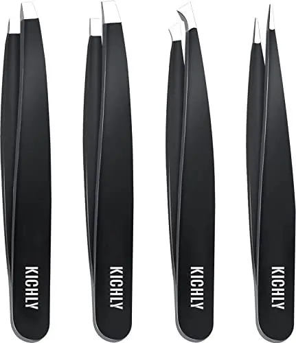 Produktbild: KICHLY Professionelle Pinzette für Augenbrauen, Präzision, Set mit 4 Pinzetten aus Edelstahl zum Entfernen von Mitessern, eingewachsenen Haaren, Wimpern (Schwarz)