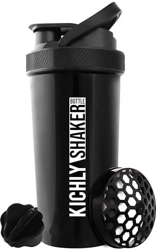Produktbild: KICHLY Protein shaker - 800ml Kunststoff Eiweiß Shaker - Auslaufsicher Shaker für eiweiß- & sportgetränke -mit Mess-Skala und Kunststoff-Shaker-Ball für klumpenfreie Eiweißshakes - Schwarz