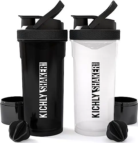 Produktbild: KICHLY Shaker Proteinshake 2er-Pack (700 ml) - für Protein- & Sportgetränke mit Behälter für und Shaker Ball- Schwarz