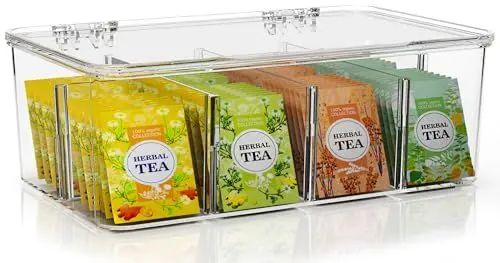 Produktbild: KICHLY Teebeutel Organizer 1er Pack - stapelbarer Aufbewahrungsbehälter für Teebeutel mit durchsichtigem Deckel für Arbeitsplatten, Küchenschränke, Vorratskammern, Süßungsmittel (Klar)