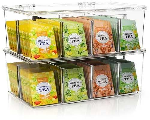 Produktbild: KICHLY Teebeutel Organizer 2er Pack - stapelbarer Aufbewahrungsbehälter für Teebeutel mit durchsichtigem Deckel für Arbeitsplatten, Küchenschränke, Vorratskammern, Süßungsmittel (Klar)