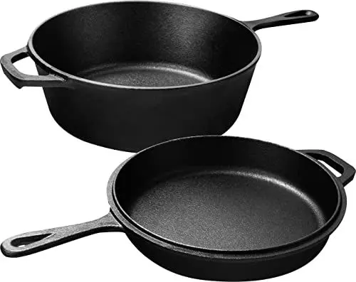 Produktbild: KICHLY Vorgewürzter Dutch Oven Feuertopf- Duale Funktion Bräter Gusseisen Topf – Gusseisenpfanne für Herd & Camping, für den Außen- & Innenbereich - 3L/3.2 Quart Koch set (2 in 1)