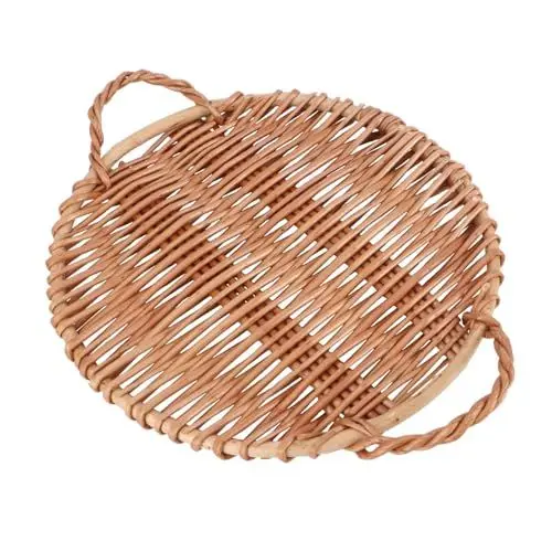 Produktbild: KICHOUSE Elegantes Rundes Tablett Mit Griffen Rattan Flaches Tablett Gewebte Servierplatte Aufbewahrungsplatte Essenstablett