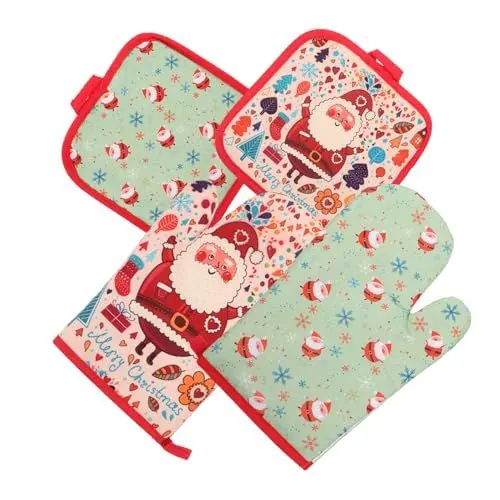 Produktbild: KICHOUSE Hitzebeständiges Handschuhset rutschfeste Ofenhandschuhe Weihnachtshandschuhpolster zum Kochen