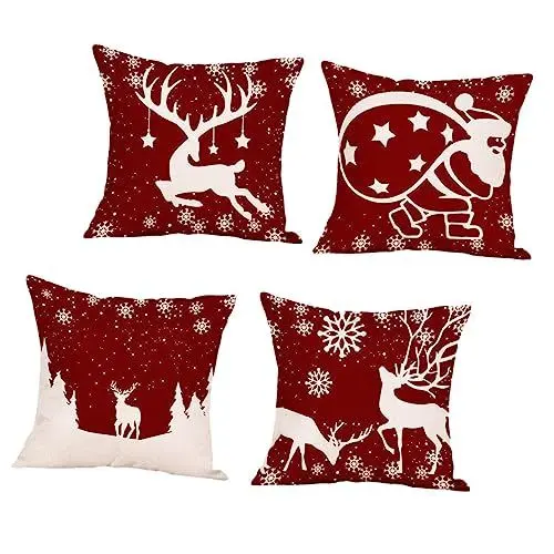 Produktbild: KICHOUSE Cartoon Kissenbezug Set Leinen Weihnachten Kissenbezüge Hirsch und Weihnachtsmann 4 stücke Dekorative Kissenbezug