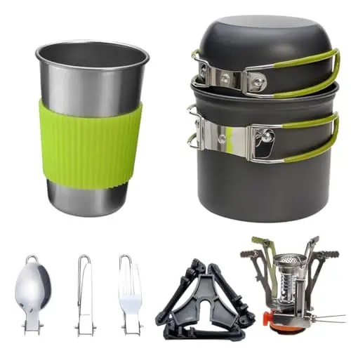 Produktbild: KICHOUSE Camping Kochtopf Set Mit Grünem Griff Tragbare Outdoor Kochgeschirr Für Camping Wandern Und Leicht Und Langlebig Für Familie Und