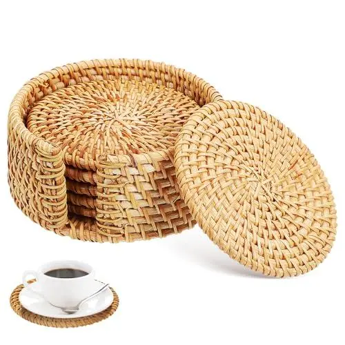 Produktbild: Kichvoe 1 Set Rattan-Untersetzer Mit Halter: 6 Stück Korb-Boho-Untersetzer Untersetzer Für Getränke 10 cm Runde Teetassen-Untersetzer Couchtisch-Untersetzer Für Zuhause Büro Bar