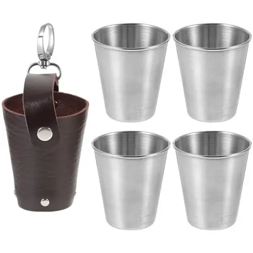 Produktbild: Kichvoe 1 Set Trinkbecher Aus Metall Isolierter Becher Unzerbrechlich Stapelbare Trinkgläser Trinkbecher Kühlende Biergläser Mit Lederhülle Für Reisen Camping Outdoor