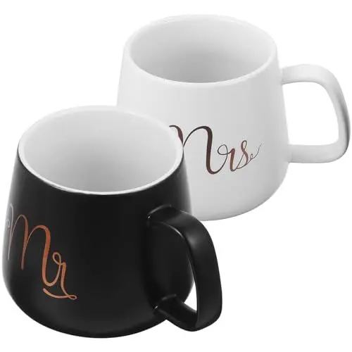 Produktbild: Kichvoe 2 Tassen „Mr. Und Mrs.“ 330 Ml Keramik-Kaffeetassen Einzigartige Kaffeetassen Paartassen Für Brautparty Verlobung Hochzeit Und Ehepaar-Jubiläum Schwarz Und Weiß
