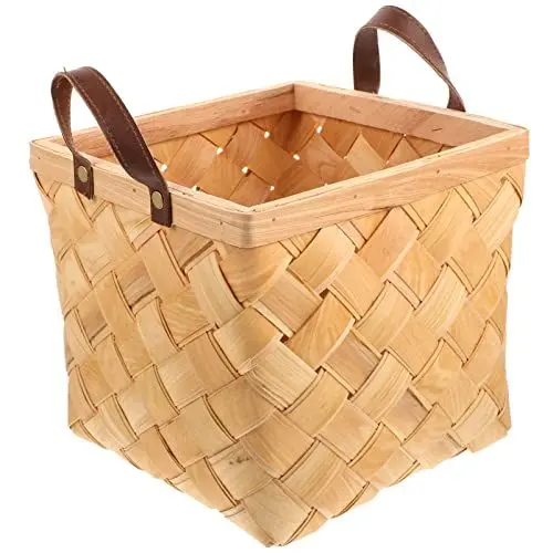 Produktbild: Kichvoe Hackschnitzelkorb mit Ledergriffen Handgefertigt Geflochtener Aufbewahrungskorb Gartenkorb Aufbewahrungsbehälter aus Holz Mülleimer Weide Organizer für Obst Süßigkeiten Kinder