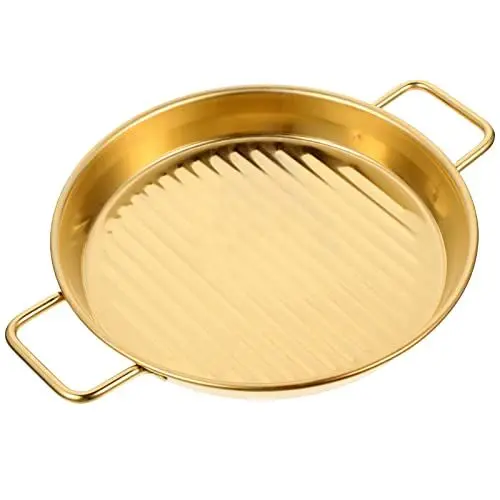 Produktbild: Kichvoe Rundes Tablett Paella-Pfanne Pizza-Servierpfanne Edelstahl-Meeresfrüchte-Pfanne Mit Griff Speisen-Serviertablett Für Heimrestaurant Ofenbacken Golden Rundes Serviertablett