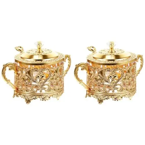 Produktbild: Kichvoe Zuckerdose 2 Sets Türkische Zuckerdose mit Deckel Und Löffel Gewürztöpfe Gewürzbox Goldgeprägte Salzdose Glas Bonbonglas Kaffeebar-Zubehör