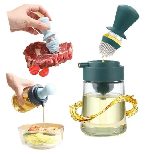 Produktbild: KICPUK 2 in 1 Speiseölspender mit Silikonbürste Flaschen, Küche Speiseöl Glasflasche, Silikon Material Squeeze Dropper mit Pinsel, kann Pinsel gebratenes Fleisch Pinsel Gemüse.(grün)