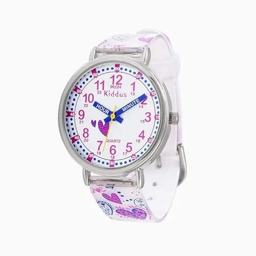 Produktbild: Kiddus Lern Armbanduhr für Kinder, Jungen und Mädchen. Analoge Armbanduhr mit Zeitlernübungen. Zeit Lehrer. Time Teacher. Dino. Schwarz und Orange