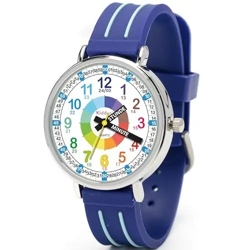 Produktbild: Kiddus Lern Armbanduhr für Kinder, Jungen und Mädchen. Analoge Armbanduhr mit Zeitlernübungen. Zeit Lehrer. Time Teacher. Minuten und Stunden Beschriftet