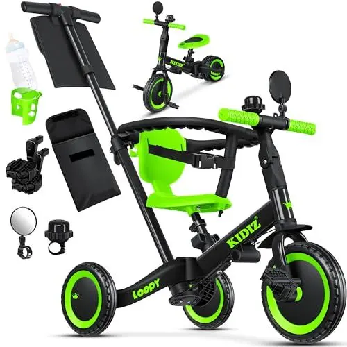 Produktbild: KIDIZ® 6in1 Laufrad Dreirad | Laufräder Lauffahrrad Kinderdreirad ab 1 Jahr bis 5 Jahre | Lauflernhilfe belastbar bis 25Kg | inkl. Lenkstange Sicherheitsbügel Sicherheitsgurt Klingel & Spiegel Schwarz