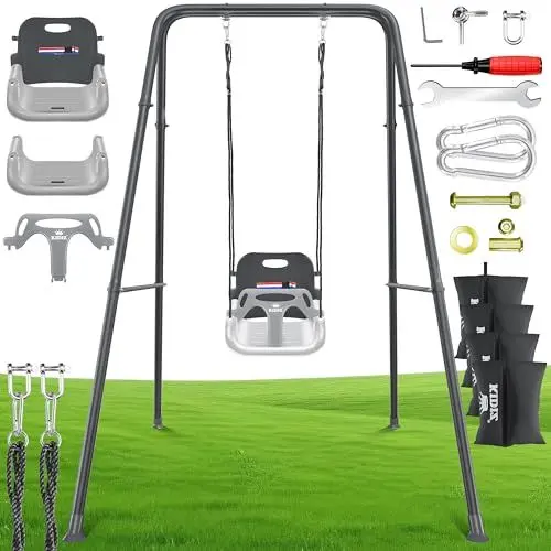 Produktbild: KIDIZ® Babyschaukel mit Gestell 3-in-1 Indoor & Outdoor | Kinderschaukel mit Metallständer höhenverstellbar | Schaukelgestell + 4 Sandsäcke & Sicherheitsgurt | Mitwachsender Schaukelsitz | Anthrazit