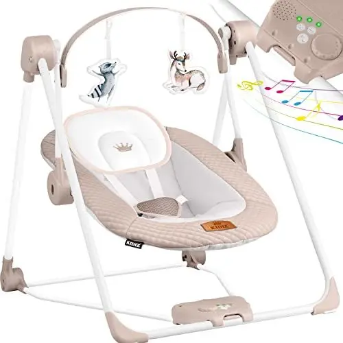 Produktbild: KIDIZ® Babywippe Babyschaukel mit 5 Geschwindigkeitseinstellungen zusammenklappbarer Baby Wippe Schaukel Babyhochstuhl mit Spielbogen Spielzeugen 5 beruhigende Naturgeräusche, Beige