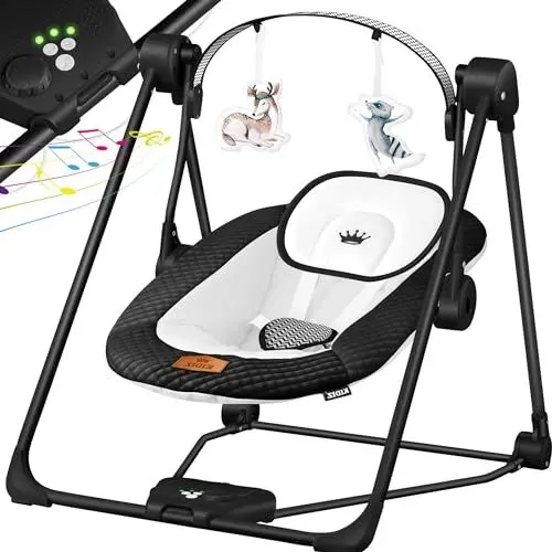 Produktbild: KIDIZ® Babywippe Babyschaukel mit 5 Geschwindigkeitseinstellungen zusammenklappbarer Baby Wippe Schaukel Babyhochstuhl mit Spielbogen Spielzeugen 5 beruhigende Naturgeräusche Schwarz